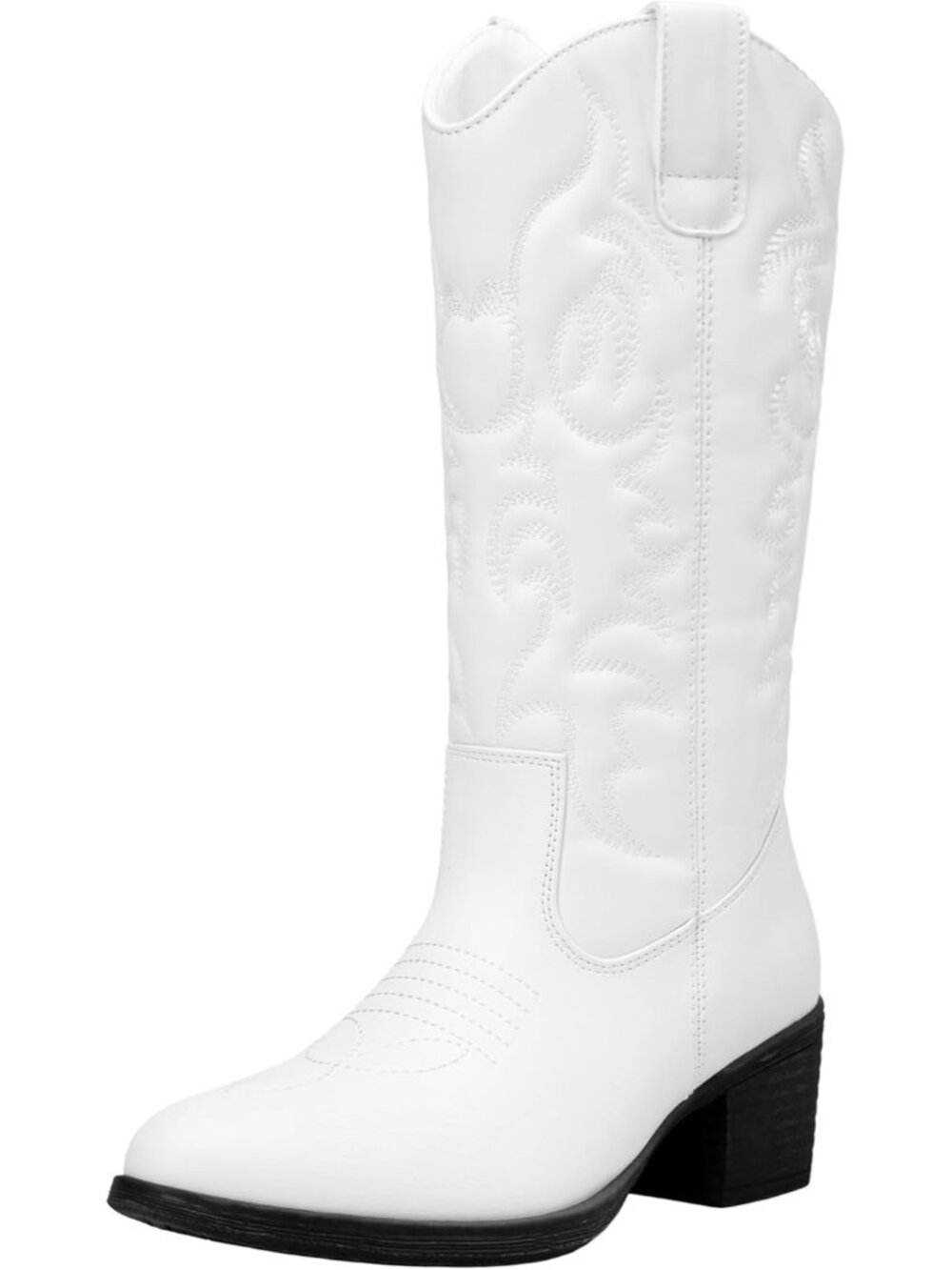 Women's white Leather Cowboy Western Cowgirl Round Toe Mid Calf Boot